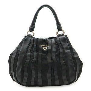 PRADA Crimson Stripe Handbag Tote Bag Nylon Leather NERO Black BR3994